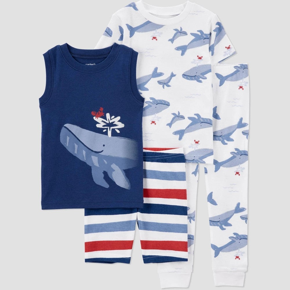 Carter's Just One You® Toddler Boys' 4pc Cotton Snug Fit Sea Life Striped Pajama Set - Blue/Red/White 3T: Sharks, Crew Neck