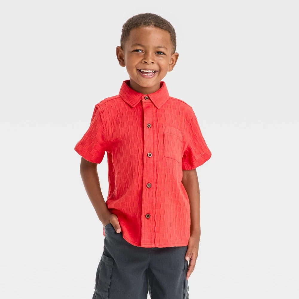 Cat & Jack  Boys' Checkered Jacquard Shirt 3T Red/Orange