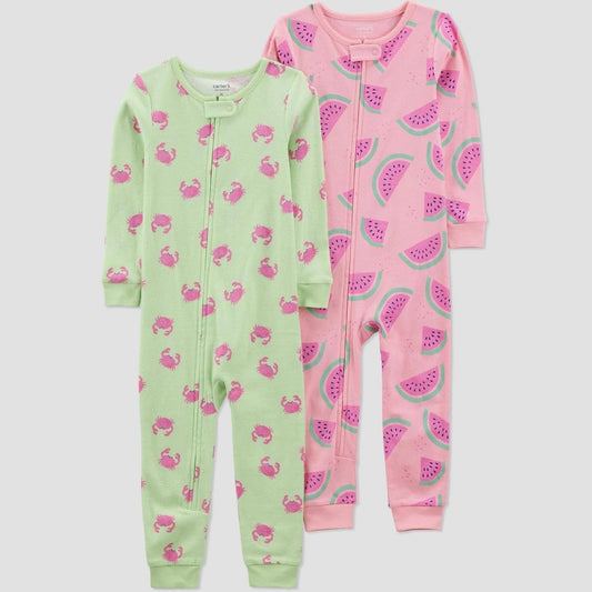 Carter's Toddler Girls' 2pk Watermelon and Crabs Footed Pajama - Green/Pink 18M