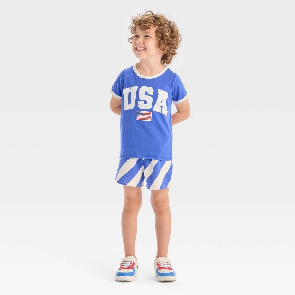 Toddler Boys' 2pc Americana USA Short Sleeve T-Shirt and Shorts Set - Blue 4T