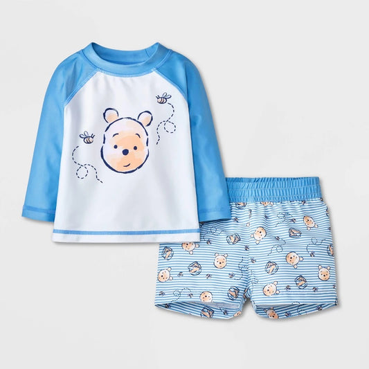 Baby Boys' 2pc Disney Winnie the Pooh Long Sleeve Rash Guard Trunk Set - Cream/Blue 6M
