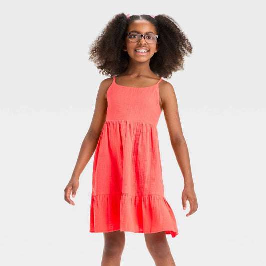 Cat & Jack Girls' Sleeveless Dress Coral Orange S, Lace Trim