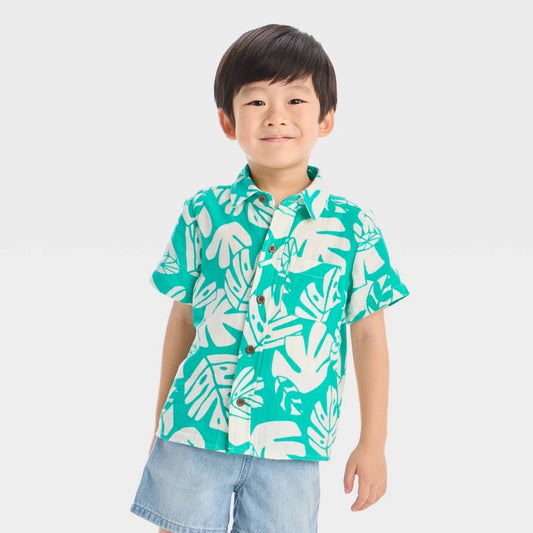Toddler Boys' Palm Printed Gauze Shirt - Cat & Jack™ Green 4T: Cotton, Lightweight, Botanical Pattern, Short Sleeve