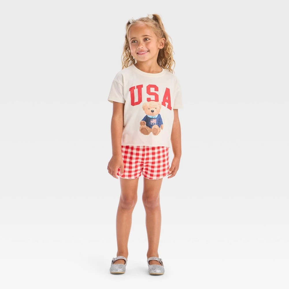 Toddler Girls' 2pc Americana USA Teddy Bear Short Sleeve T-Shirt and Gingham Shorts Set - Red 2T