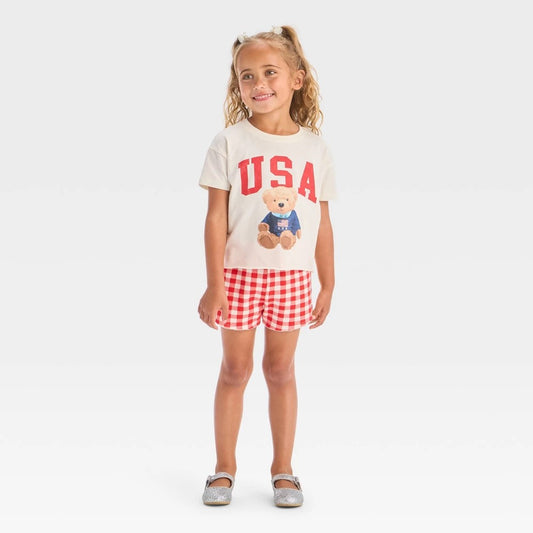 Toddler Girls' 2pc Americana USA Teddy Bear Short Sleeve T-Shirt and Gingham Shorts Set - Red 2T