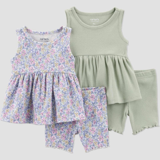 Carter's Just One You® Baby Girls' 4pc Floral Top & Shorts Set - Green 18M: Botanical Pattern, Elastic Waistband