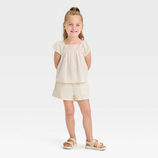 Toddler Girls' Floral Top & Shorts Set - Cat & Jack™ Beige 12M