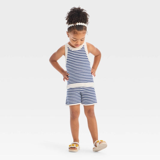 Toddler Girls' Americana Striped Top & Shorts Set - Cat & Jack™ Navy Blue/Cream 3T