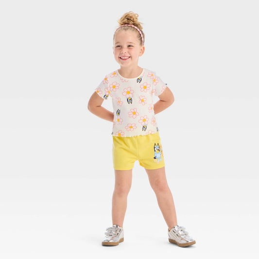 Toddler Girls' 2pc Bluey Daisy Short Sleeve T-Shirt and Shorts Set - Yellow 2T