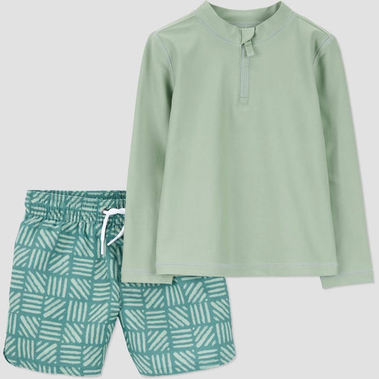 Carter's Just One You® Toddler Boys' Long Sleeve Checkered Printed Rashguard and Trunk Set - Green 5T: UPF 50+, Geometric Pattern