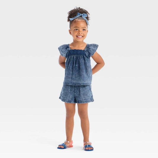 Toddler Girls' Floral Top & Shorts Set - Cat & Jack™ Medium Indigo 5T