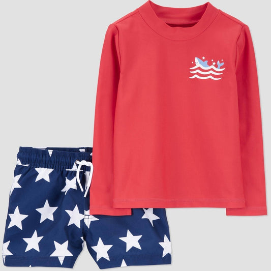 Carter's Just One You® Toddler Boys' 4th of July Long Sleeve Shark Rash Guard and Trunk Set - Red/White/Blue 3T