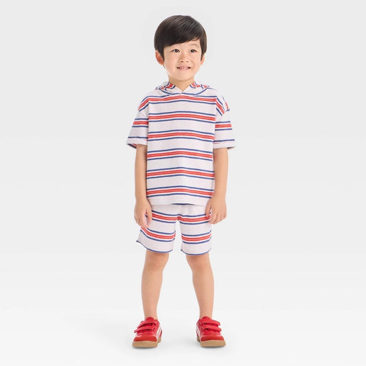 Toddler Boys' Short Sleeve 4th of July Striped Hooded Knit Shorts Set - Cat & Jack™ White 4T