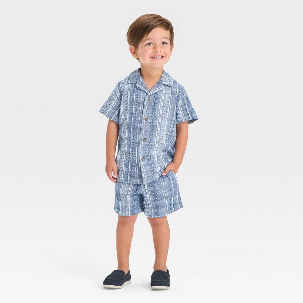 Toddler Boys' 4th of July Short Sleeve Chambray Button up and Shorts Set - Cat & Jack™ Light Blue 2T