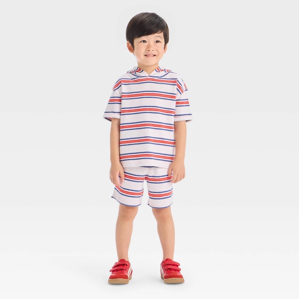 Toddler Boys' Short Sleeve 4th of July Striped Hooded Knit Shorts Set - Cat & Jack™ White 2T