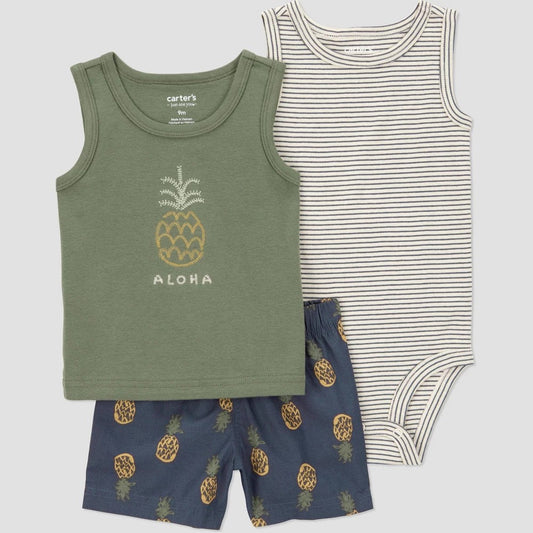 Carter's Just One You® Baby Boys' 3pc Pineapple Top & Bottom Set - Green 12M: Cotton Sleeveless Outfit