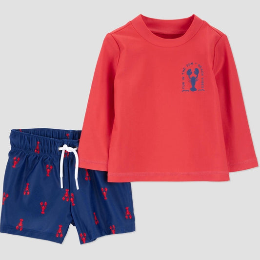 Carter's Just One You® Baby Boys' Long Sleeve Lobster Rash Guard and Trunk Set -Red/White/Blue 6M: UPF 50+ Protection, Elastic Waistband