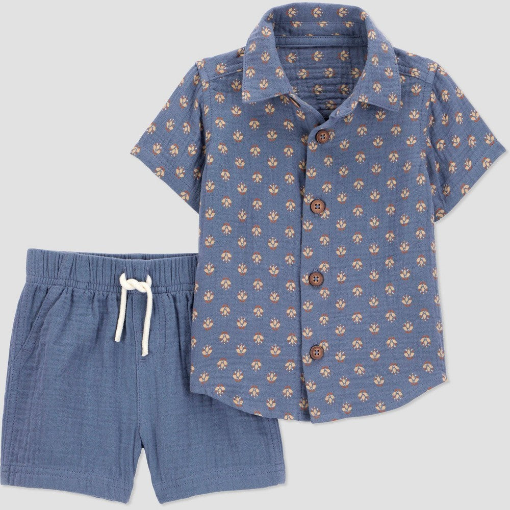 Carter's Just One You® Baby Boys' 2pc Geo Top & Shorts Set - Blue 18M: Cotton Button Down Shirt & Pull-on Shorts