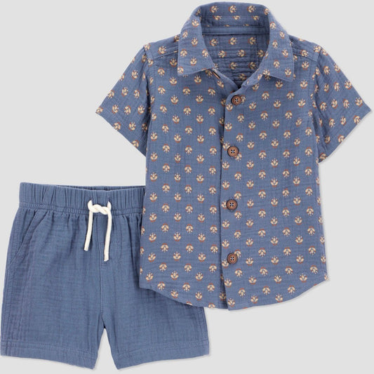 Carter's Just One You® Baby Boys' 2pc Geo Top & Shorts Set - Blue 18M: Cotton Button Down Shirt & Pull-on Shorts