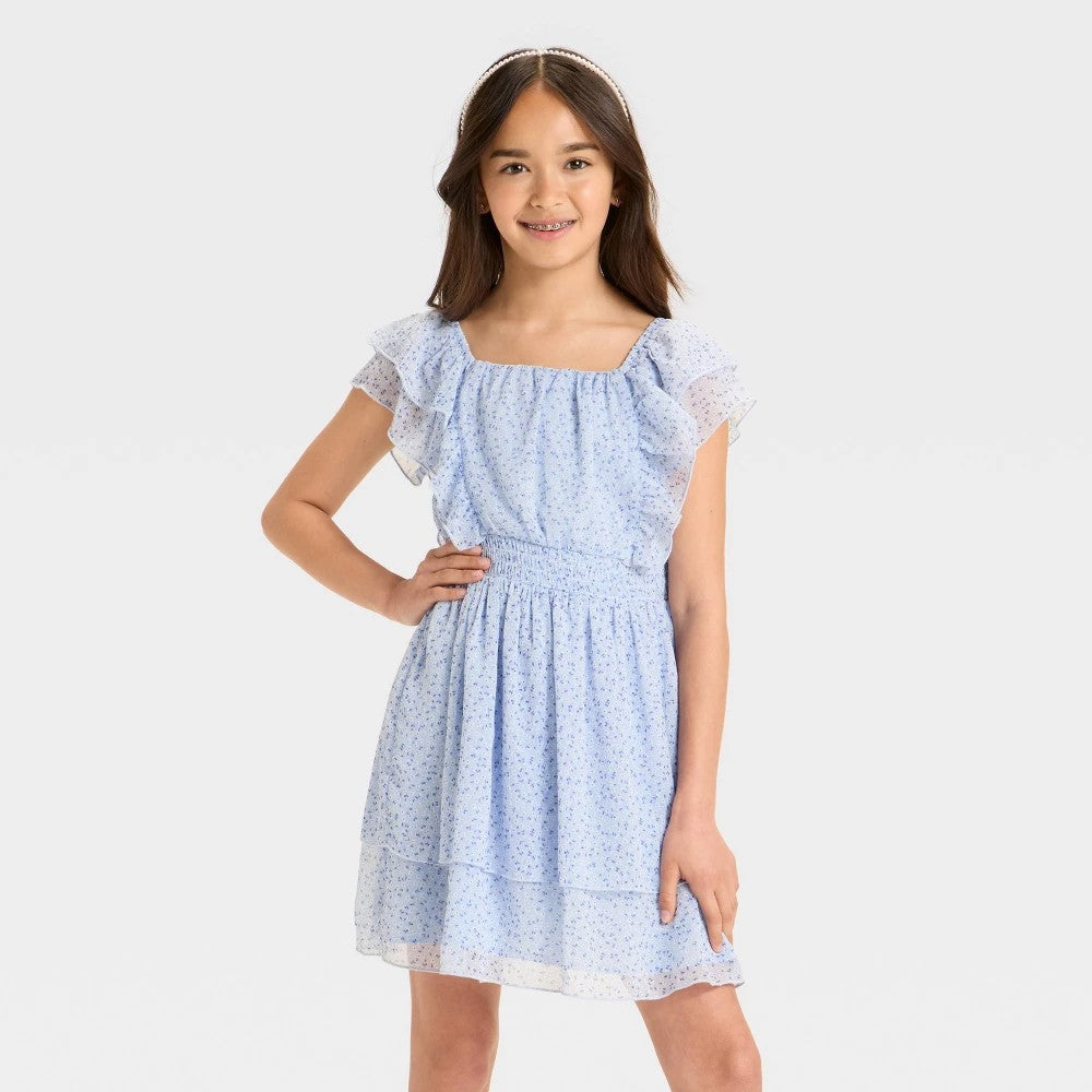 Girls' Floral Tiered Chiffon Dress - Cat & Jack™ Light Blue