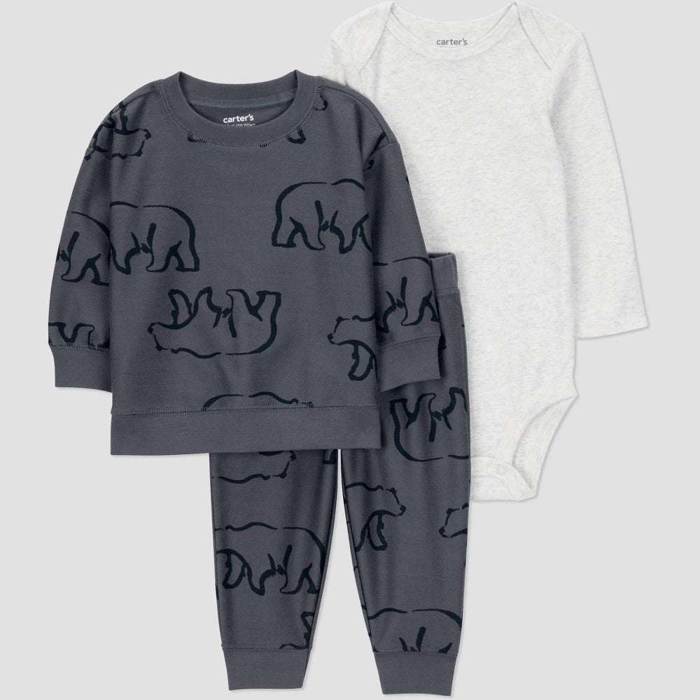 Carter's Baby Boys' 3pc Bear Sweatshirt & Jogger Set, 3M Gray