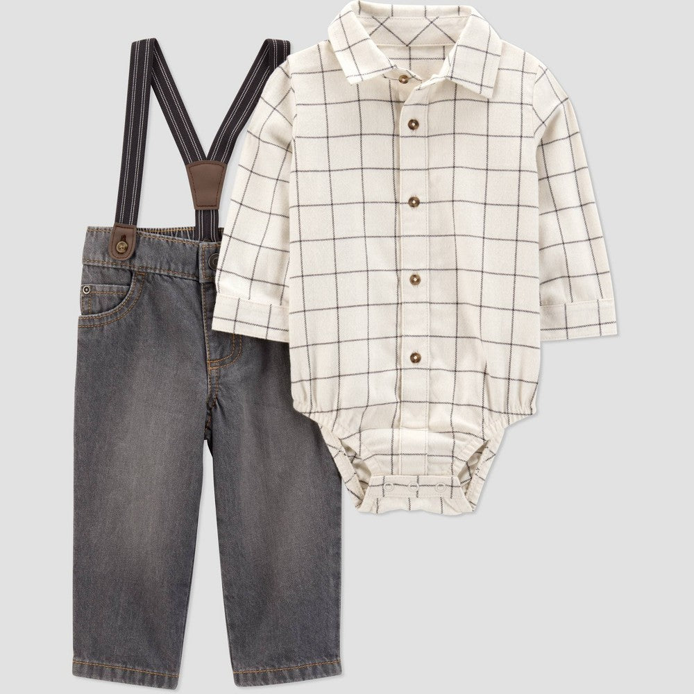 Carter's Baby Boys' 2pc Plaid Suspender Set - Newborn Ivory