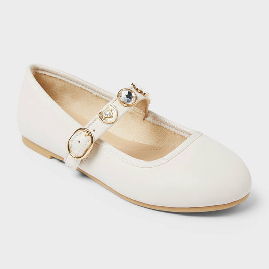 Kids' Marla Charm Ballet Flats - Cat & Jack™ Ivory 3: Adjustable Buckle Strap, Studs, Closed Round Toe, Flocked Outsole - Girl