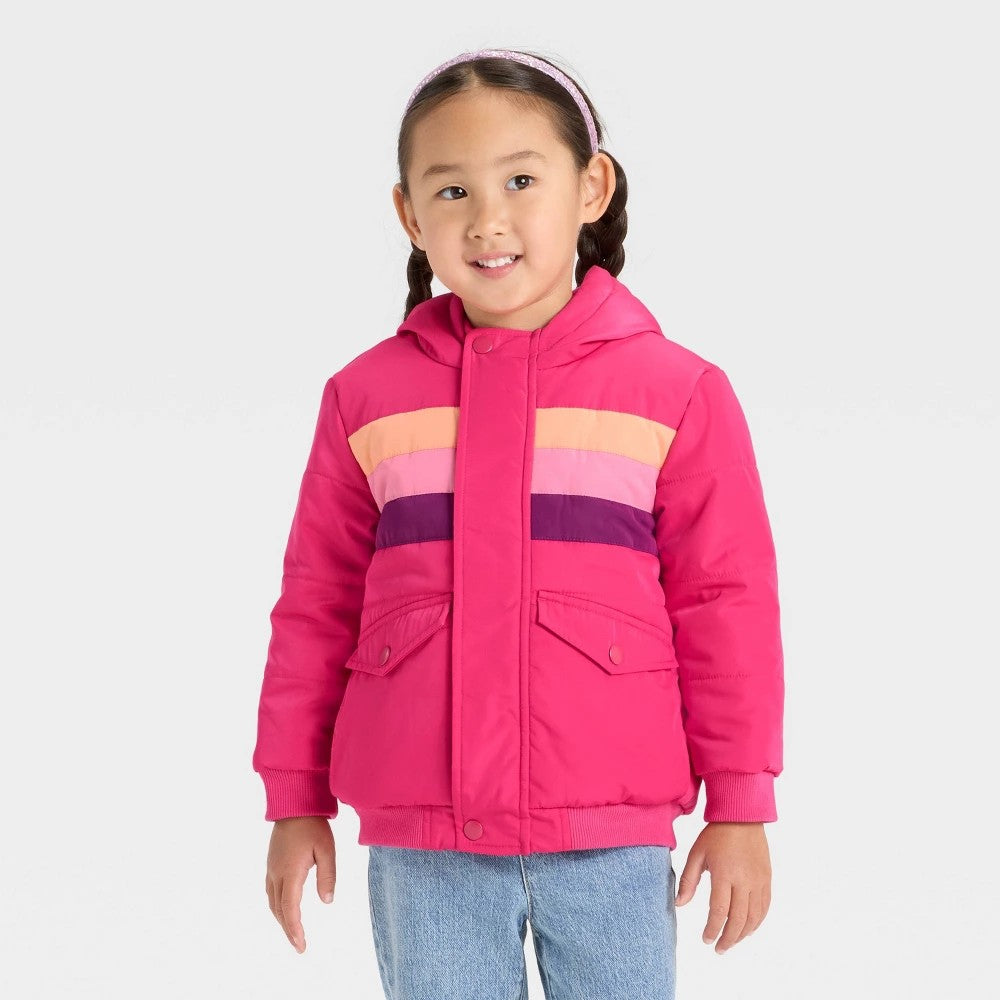 Toddler Girls' Striped Heavyweight Puffer Jacket - Cat & Jack Pink 5T