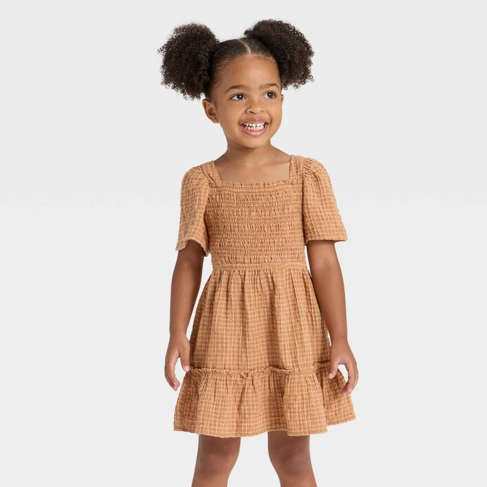 Cat & Jack Toddler Girls' Windowpane Dress Brown 3T