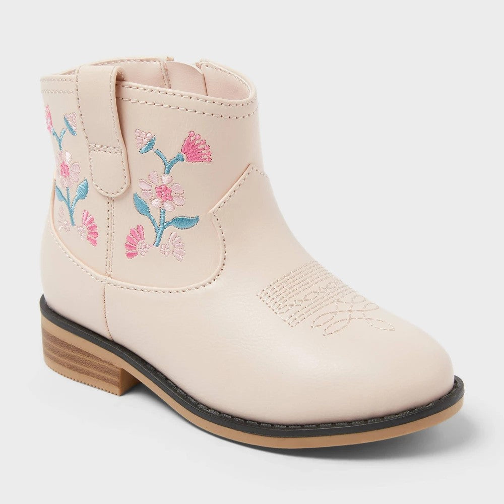 Toddler Whitley Embroidered Western Boots - Cat & Jack™ Blush 12T: Floral Pattern, Zipper Closure, Flexible Outsole - Girl