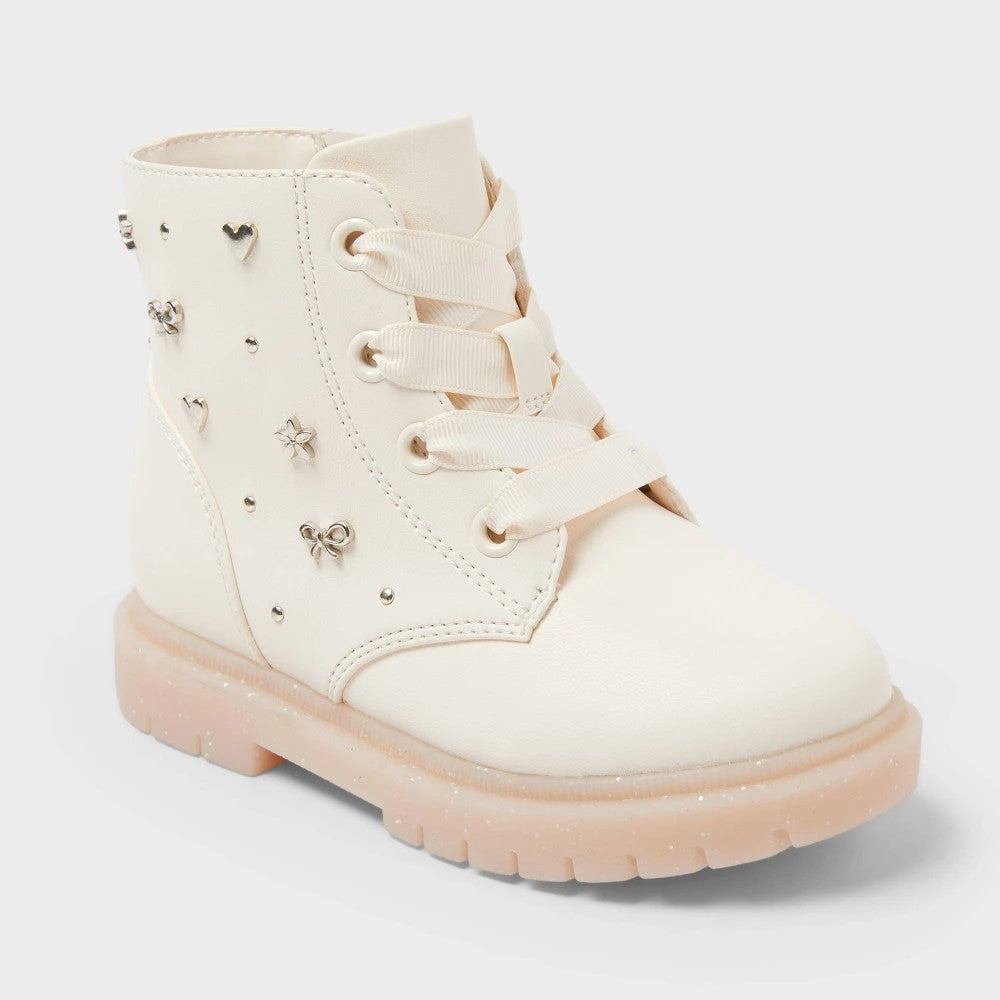 Cat & Jack girl Combat Boots Ivory 9T, Cushioned Insole