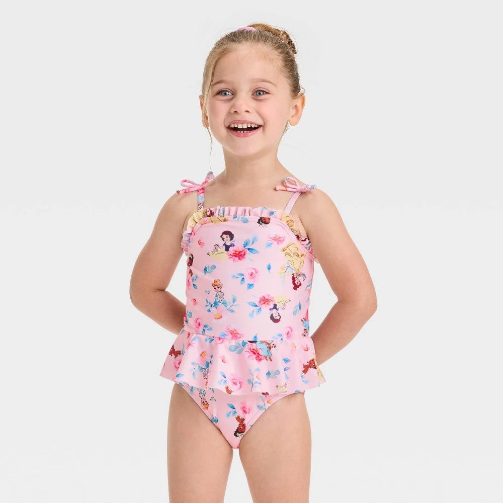Disney Girls' Princess Ruffle One Piece Swimsuit with Bows - Pink 5T