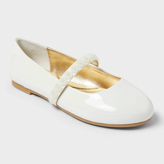 Kids' Brooke Ballet Flats - Cat & Jack™ White 1: Slip-on, Arch Support, Closed Round Toe, Medium Width, Flocked Outsole - Girl