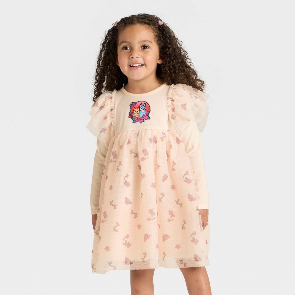Bluey Toddler Girls' Floral Tulle Dress Light Pink 5T