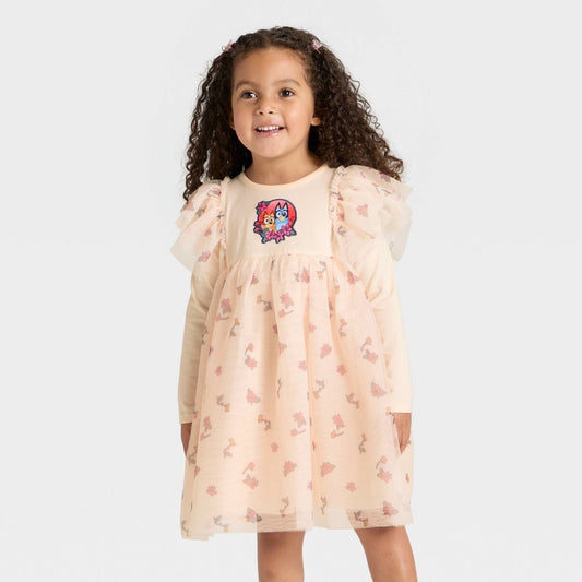 Bluey Toddler Girls' Floral Tulle Dress Light Pink 5T