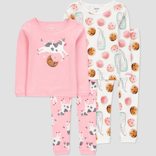 Carter's Girls' 4pc Pajama Set Cows Cookies 2T