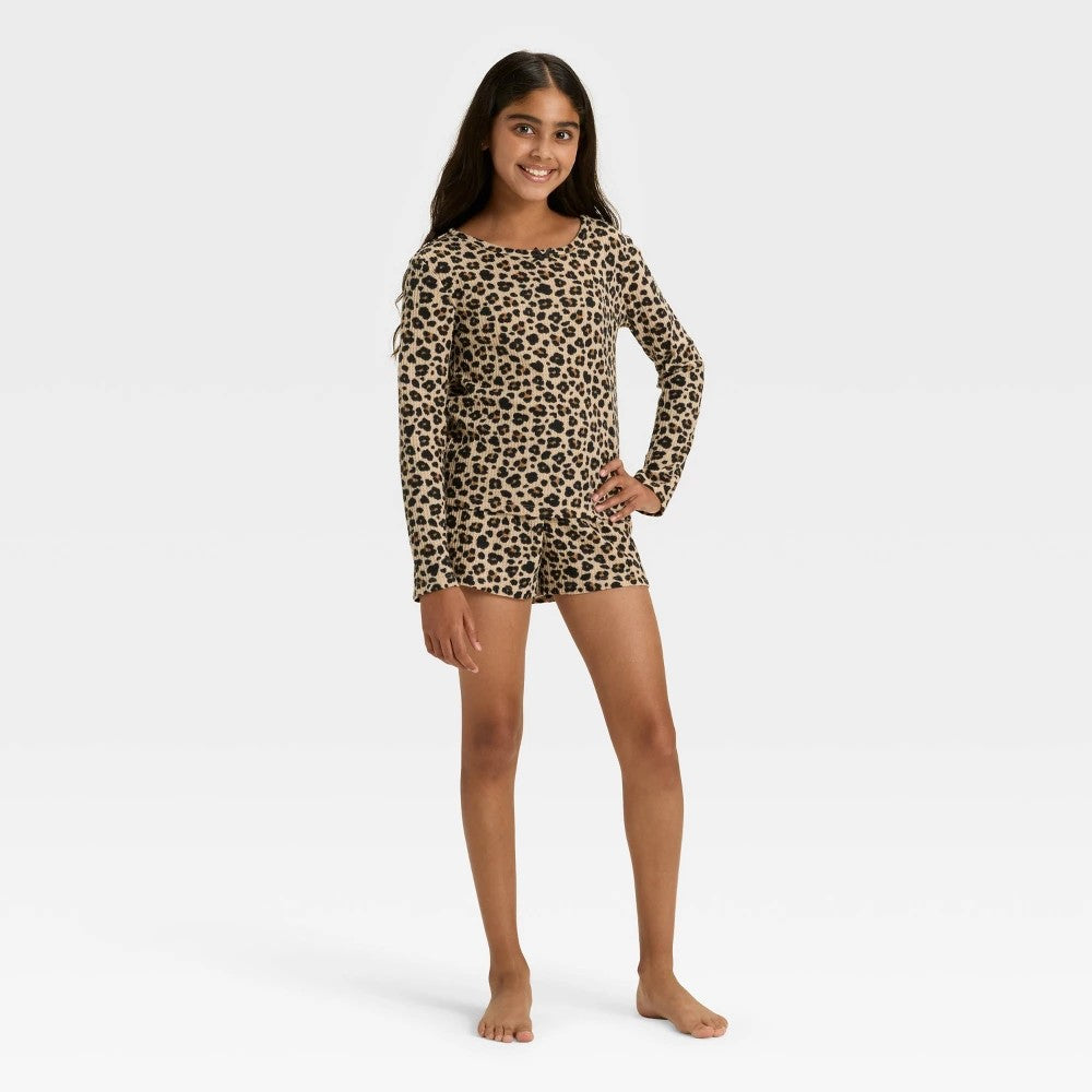 Cat & Jack Girls' Leopard Waffle Knit Pajamas, Brown S