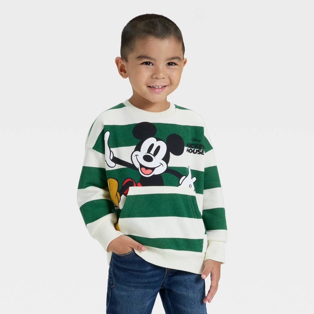 Disney Toddler Boys' Mickey Mouse Striped Fleece Pullover - Green 3T