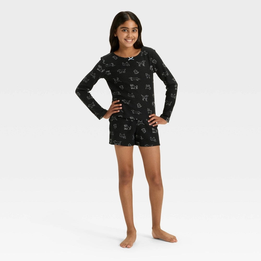 Cat & Jack Girls' Waffle Knit Pajama Set, Dogs, Black S