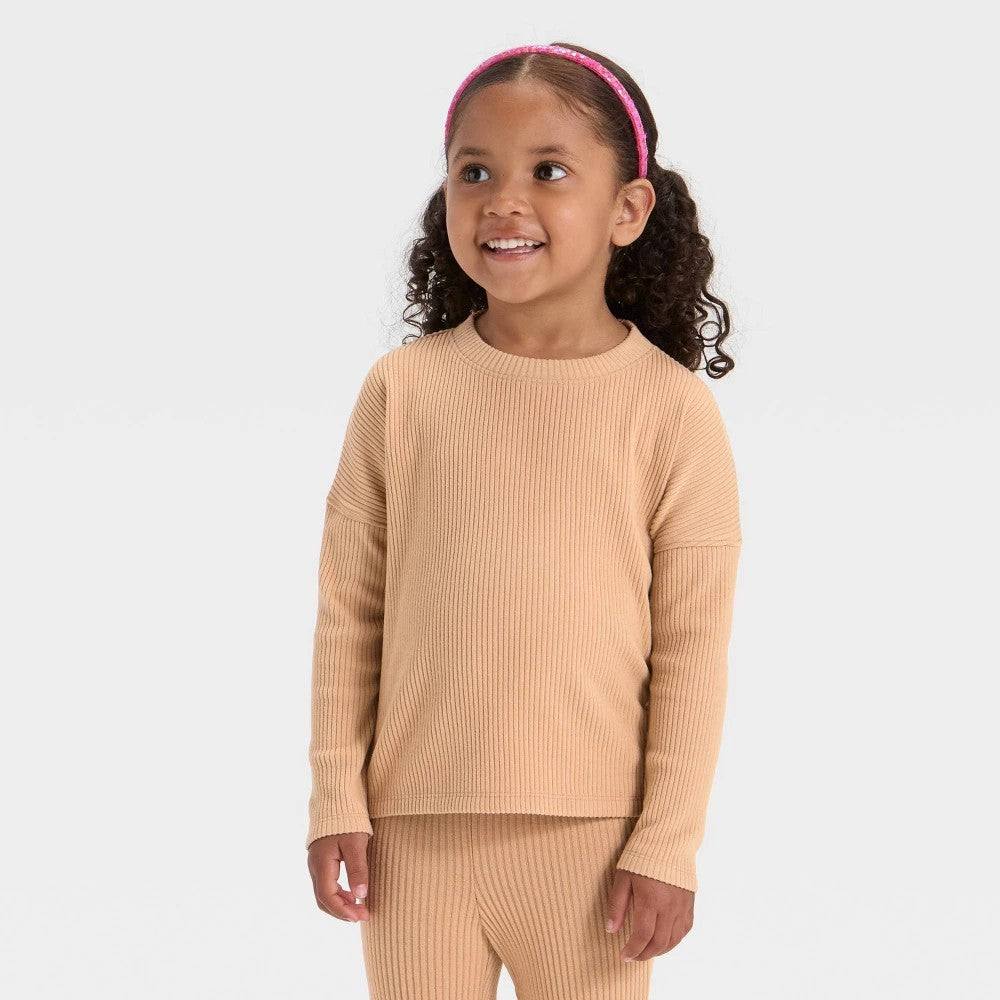 Cat & Jack Toddler Girls' Cozy Ribbed Top 5T Light Sand Brown