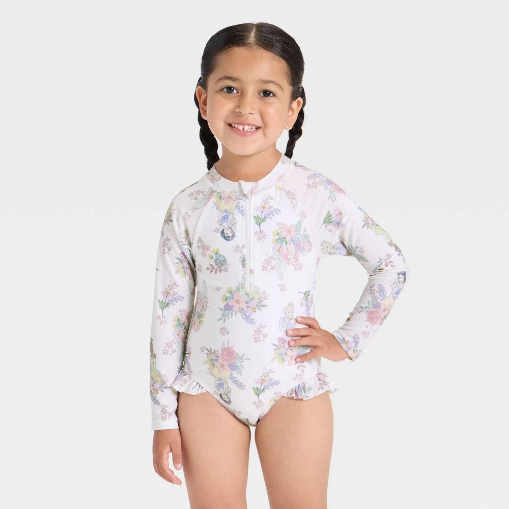 Disney Toddler Girls' Princess Rash Guard Swimsuit 3T Ivory