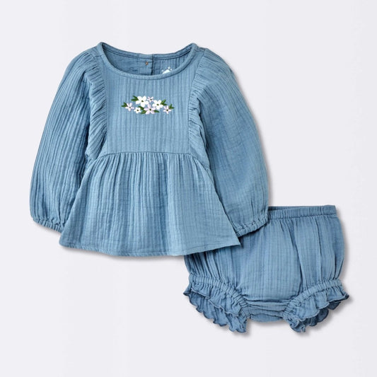Cloud Island Baby Girls' Floral Top & Bloomer Set 0-3M Blue