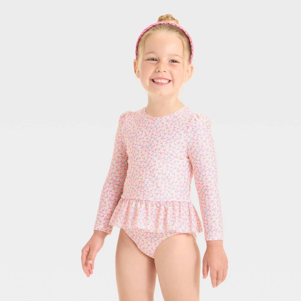 Cat & Jack Toddler Girls' 5T Pink Ruffle Rashguard Tankini Set