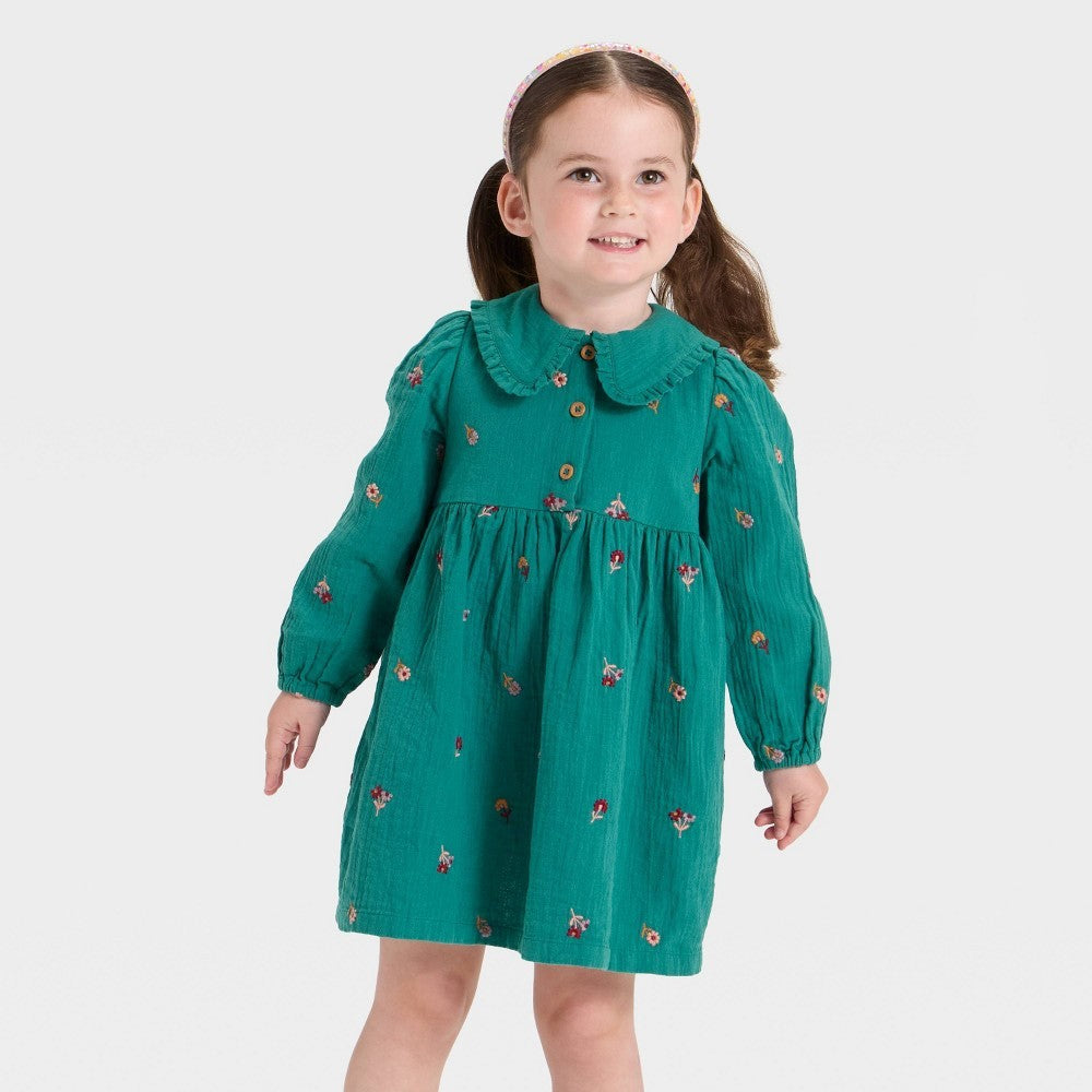 Cat & Jack Toddler Girls' Embroidered Dress Green 3T