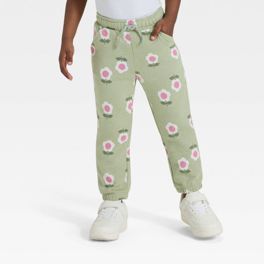 Toddler Girls' Floral Fleece Jogger Pants - Cat & Jack Olive Green 12M