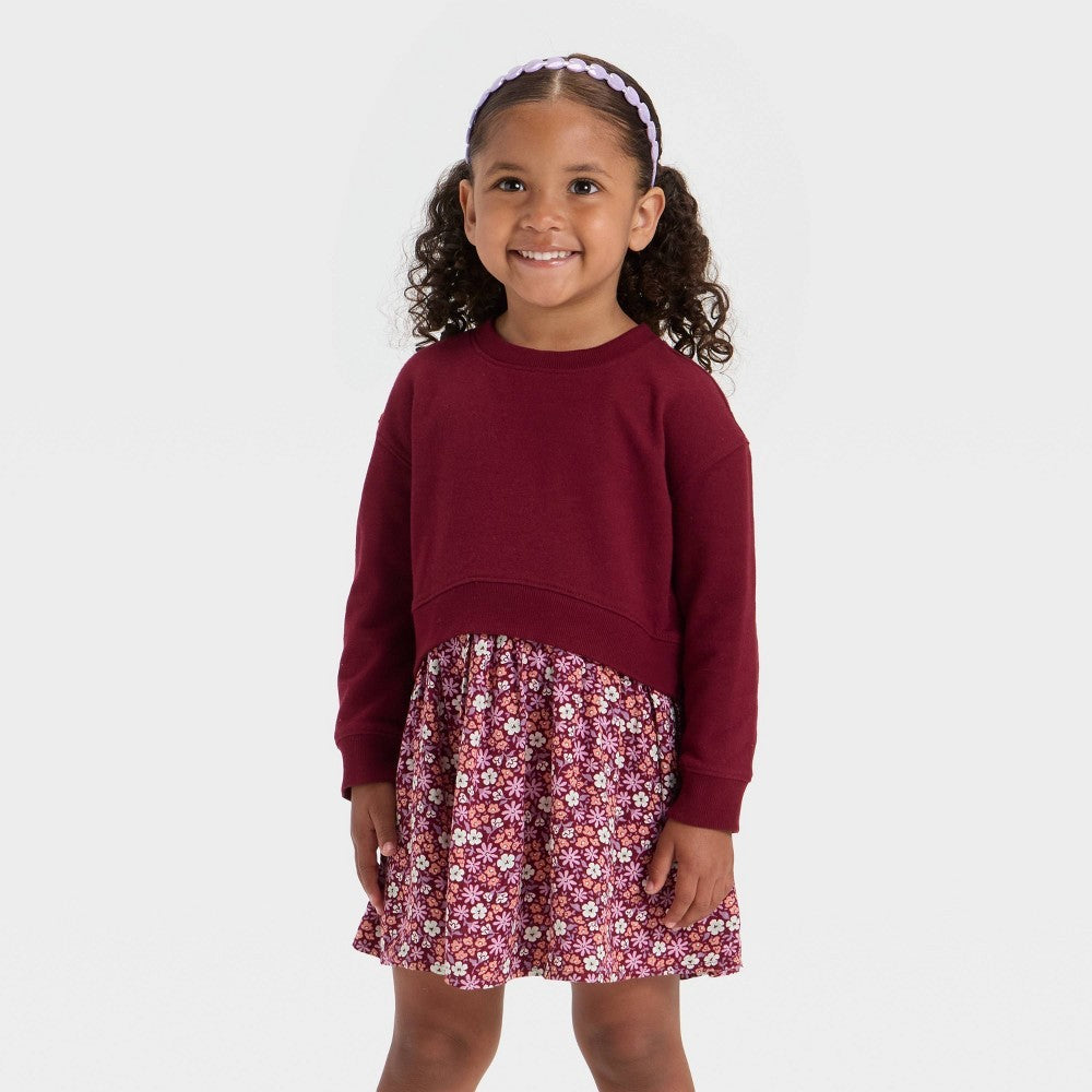 Cat & Jack Toddler Girls' French Terry Dress Burgundy 3T