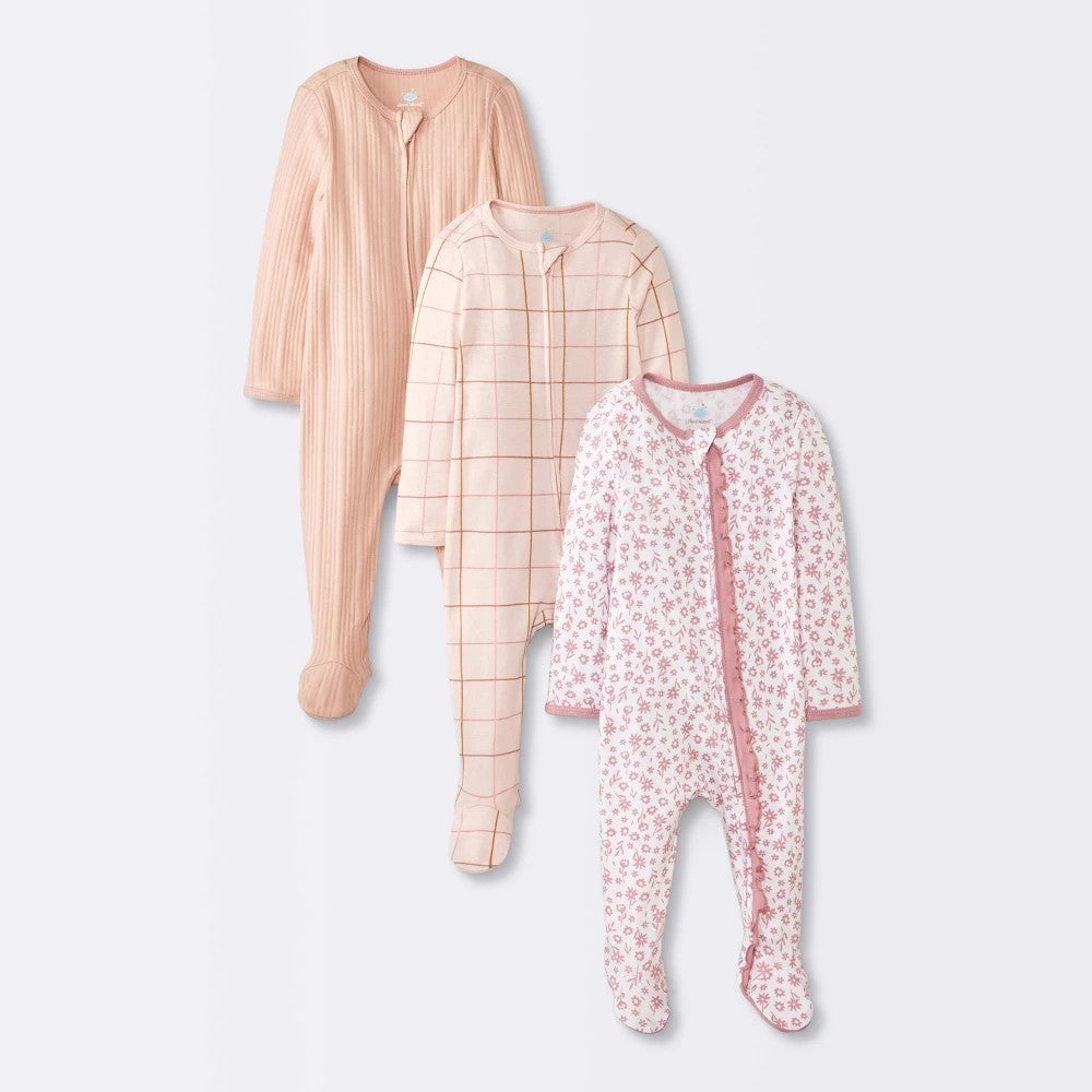 Baby Girls' 3pk Floral Sleep N' Play - Cloud Island Peach 6-9M