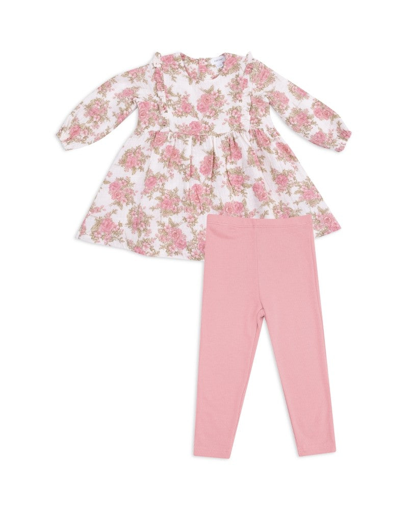 Angel Dear Girls' Bouquets Ruffled Long Sleeved Dress & Ribbed Leggings - Baby 6-12M