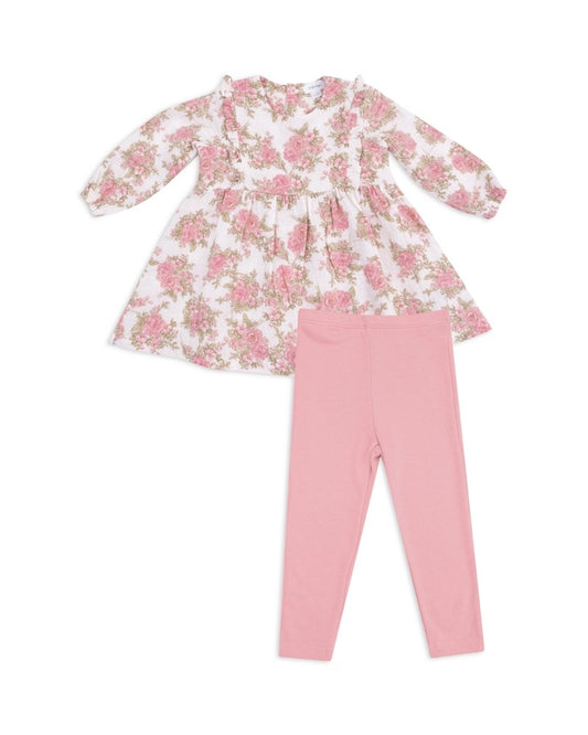 Angel Dear Girls' Bouquets Ruffled Long Sleeved Dress & Ribbed Leggings - Baby 6-12M