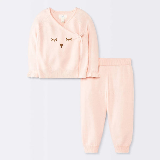 Cloud Island Baby Girls' Bear Face Sweater Set Pink 18M